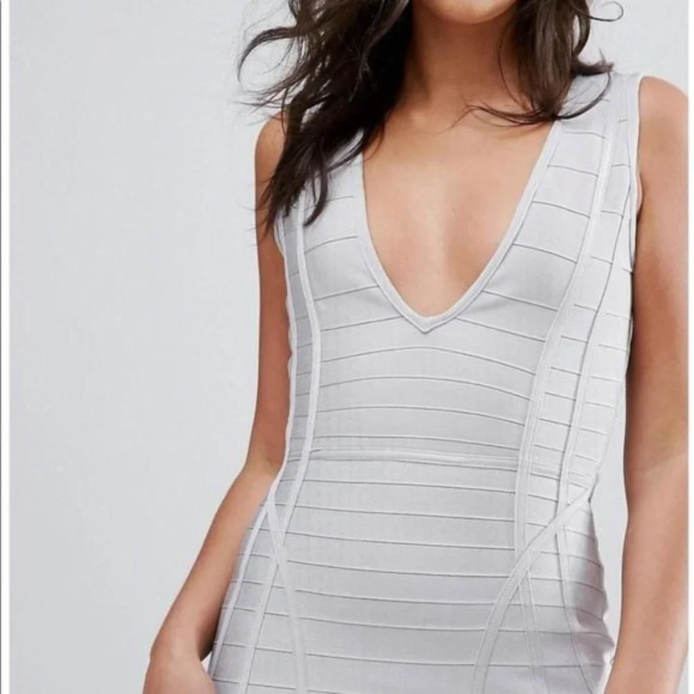 Missguided Gray Bandage Plunge Frill Hem Midi 👗 - Picture 3 of 6